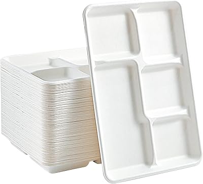 100% Compostable 5 Compartment Paper Plates, 100 Pack, 12.5 x 8.6 inch