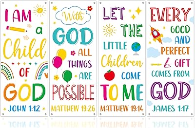 4PCS Church Banners with Scripture Religious Bible Verse Backdrops for Kids